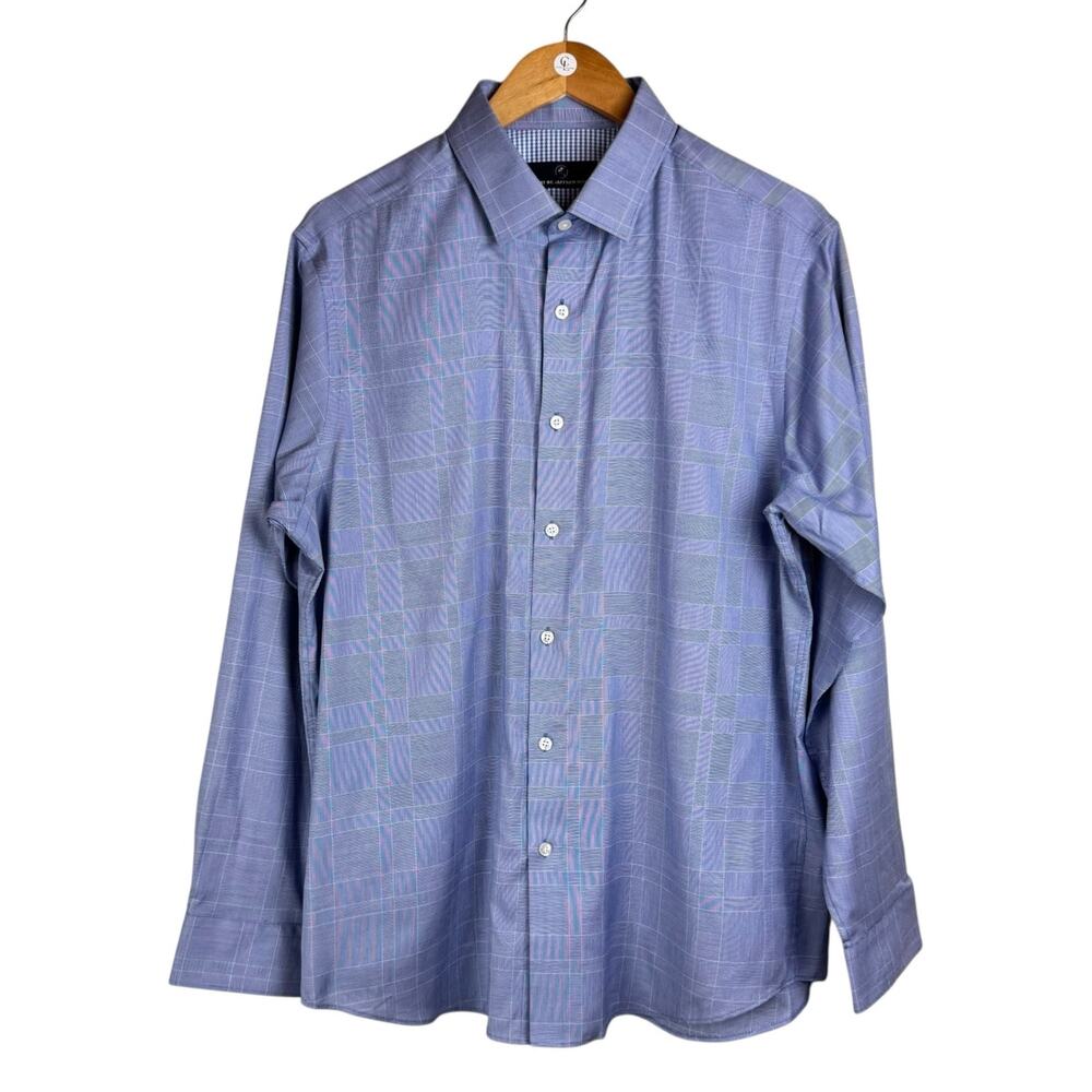 Hart Schaffner Marx Men's Blue Plaid Button Up Long Sleeve Collard Dress Shirt